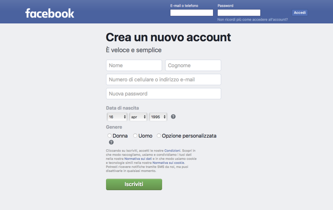 registrazione facebook registrazione facebook