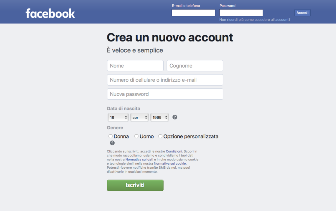 registrazione facebook